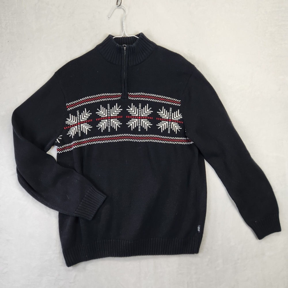 Chaps Mens XL Navy Blue Fair Isle Snowflake 100% Cotton Quarter‎ Zip Sweater
